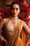 Reeti Arneja_Yellow Velvet Embroidery Beads Pre-draped Saree With Tribal Blouse For Women_Online