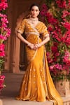 Buy_Reeti Arneja_Yellow Velvet Embroidery Beads V Neck Pre-draped Fish Cut Saree With Blouse _at_Aza_Fashions