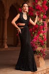 Buy_Reeti Arneja_Black Organza Embroidery Beads Round Neck Syah Pre-draped Saree And Blouse Set _at_Aza_Fashions