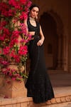 Buy_Reeti Arneja_Black Organza Embroidery Beads Round Neck Syah Pre-draped Saree And Blouse Set _Online_at_Aza_Fashions