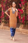 Shop_Reeti Arneja_Yellow Velvet Embroidery Tribal Beads V Neck Tie Dye Kurta Salwar Set _at_Aza_Fashions