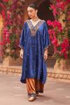 Buy_Reeti Arneja_Blue Velvet Embroidery Tribal Beads V Neck Syahi Kurta With Pant _at_Aza_Fashions