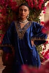 Reeti Arneja_Blue Velvet Embroidery Tribal Beads V Neck Syahi Kurta With Pant _Online_at_Aza_Fashions