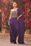 Buy_Reeti Arneja_Purple Modal Satin Embroidery Beads Straight Pre-cowl Draped Saree With Blouse _at_Aza_Fashions