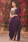 Reeti Arneja_Purple Modal Satin Embroidery Beads Straight Pre-cowl Draped Saree With Blouse _Online_at_Aza_Fashions