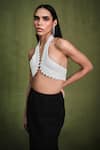 Pankaj & Nidhi_Ivory Harness Top Satin Skirt Pearlesque Encrusted With Engraved  _Online_at_Aza_Fashions