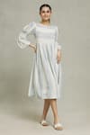 Shop_Samyukta Singhania_Blue Cotton Embroidery Boat Neck Alice Stripe Print Dress _Online_at_Aza_Fashions