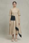 Naintara Bajaj_Beige Cotton Linen Tie Dye Round Cupro Pattern Dress_Online_at_Aza_Fashions