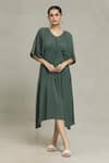 Shop_Naintara Bajaj_Green Organic Cotton Voile Woven Stripe V Neck Misu Dress_Online_at_Aza_Fashions