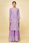 Priyaa_Purple Chanderi Hand Embroidered Zari Notched Kurta Sharara Set _Online_at_Aza_Fashions