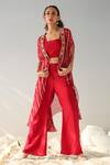 Buy_Kesar Studio_Red Silk Hand Embroidered Thread Cape Open Stripe Pattern Jacket Pant Set _at_Aza_Fashions