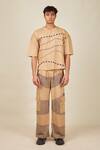 Buy_BANANA labs_Beige Cotton Knit Printed Wave Stripe Hand Block Big T-shirt And Pant Set _at_Aza_Fashions