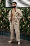 BANANA labs_Beige Chambray Printed Stripe Hand Block Crossroads Jacket And Pant Set _Online_at_Aza_Fashions