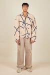 Shop_BANANA labs_Beige Chambray Printed Stripe Hand Block Crossroads Jacket And Pant Set _Online_at_Aza_Fashions