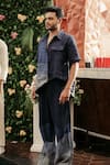 BANANA labs_Blue Linen Printed Chevron And Wavy Stripe Hand Block Shirt & Pant Set _Online_at_Aza_Fashions