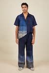 Buy_BANANA labs_Blue Linen Printed Chevron And Wavy Stripe Hand Block Shirt & Pant Set _Online_at_Aza_Fashions