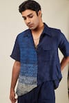 Shop_BANANA labs_Blue Linen Printed Chevron Hand Block Shirt _Online_at_Aza_Fashions