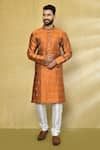 Buy_Arihant Rai Sinha_Orange Kurta Silk Embroidered Thread Stripe Straight Set _at_Aza_Fashions