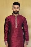 Buy_Arihant Rai Sinha_Magenta Kurta Silk Embroidered Thread Running Stitch Line Set _Online_at_Aza_Fashions