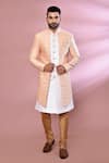 Buy_Arihant Rai Sinha_Peach Jacquard, Silk Embroidery Floral Woven Jacket Kurta And Churidar Set _at_Aza_Fashions