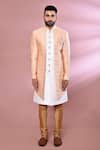 Buy_Arihant Rai Sinha_Peach Jacquard, Silk Embroidery Floral Woven Jacket Kurta And Churidar Set _Online_at_Aza_Fashions