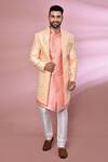 Buy_Arihant Rai Sinha_Peach Silk, Jacquard Embroidery Geometric Pattern Jacket With Kurta Set _at_Aza_Fashions