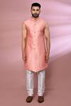 Buy_Arihant Rai Sinha_Peach Silk, Jacquard Embroidery Geometric Pattern Jacket With Kurta Set _Online_at_Aza_Fashions
