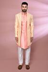 Shop_Arihant Rai Sinha_Peach Silk, Jacquard Embroidery Geometric Pattern Jacket With Kurta Set _Online_at_Aza_Fashions