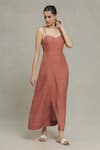 Buy_Naintara Bajaj_Peach Linen Plain Sweetheart Neck Dress_at_Aza_Fashions