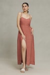 Naintara Bajaj_Peach Linen Plain Sweetheart Neck Dress_Online_at_Aza_Fashions