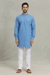 Spring Break_Blue Cotton Woven Floral Bundi And Kurta Set _at_Aza_Fashions