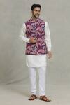 Shop_SPRING BREAK_Pink Rayon Embroidery Botanical Print Nehru Jacket _Online_at_Aza_Fashions