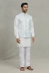 Spring Break_Blue Cotton, Silk Embroidery Diamond Woven Bundi And Kurta Set _Online_at_Aza_Fashions