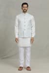 Spring Break_Blue Cotton, Silk Embroidery Diamond Woven Bundi And Kurta Set _at_Aza_Fashions