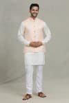 Buy_Spring Break_Peach Cotton Silk Woven Geometric Bundi And Kurta Set _Online_at_Aza_Fashions