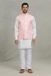 Spring Break_Pink Cotton, Silk Embroidery Leaf Woven Bundi And Kurta Set _Online_at_Aza_Fashions