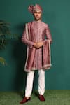 Buy_KUSTOMEYES_Pink Raw Silk Embroidery Bead Sherwani Set _at_Aza_Fashions