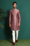 Shop_KUSTOMEYES_Pink Raw Silk Embroidery Bead Sherwani Set  _at_Aza_Fashions