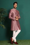 KUSTOMEYES_Pink Raw Silk Embroidery Bead Sherwani Set _Online_at_Aza_Fashions