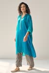 Label Mansi Nagdev_Blue Modal Silk Embellished Bead Matilda Ombre Asymmetric Kurta With Pant _at_Aza_Fashions