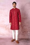 Buy_Asuka_Red Chanderi Silk Embroidered Sequin And Cross Stitch Resham Work Kurta Set _at_Aza_Fashions