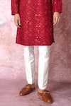 Asuka_Red Chanderi Silk Embroidered Sequin And Cross Stitch Resham Work Kurta Set _Online_at_Aza_Fashions