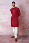 Buy_Asuka_Red Chanderi Silk Embroidered Sequin And Cross Stitch Resham Work Kurta Set _Online_at_Aza_Fashions