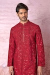 Asuka_Red Chanderi Silk Embroidered Sequin And Cross Stitch Resham Work Kurta Set _at_Aza_Fashions