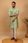 Buy_Agape_Green Cotton Silk Geometric Motif Achkan Kurta And Trouser Set _at_Aza_Fashions