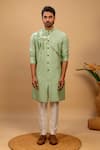 Buy_Agape_Green Cotton Silk Geometric Motif Achkan Kurta And Trouser Set _Online_at_Aza_Fashions