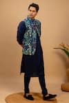 Shop_Agape_Blue Cotton Printed Botanical Bundi Kurta Set _Online_at_Aza_Fashions