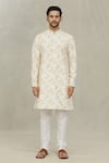 Arihant Rai Sinha_White Cotton Printed And Embroidered Leaf & Thread Work Kurta _Online_at_Aza_Fashions