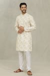 Shop_Arihant Rai Sinha_White Cotton Printed And Embroidered Leaf & Thread Work Kurta _Online_at_Aza_Fashions