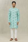 Arihant Rai Sinha_Blue Jacquard Tribal Jaal Print Kurta _Online_at_Aza_Fashions